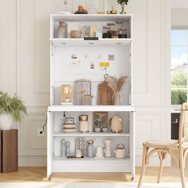 Ryclen 69. in H White Wood Pantry Organizer with Hutch and Foldable Workstation