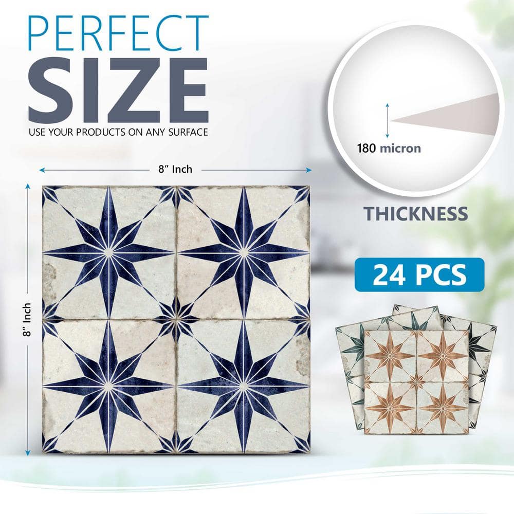 Teal Blue and Brown Star Pattern Vinyl Peel and Stick Tiles, 8x8-inch