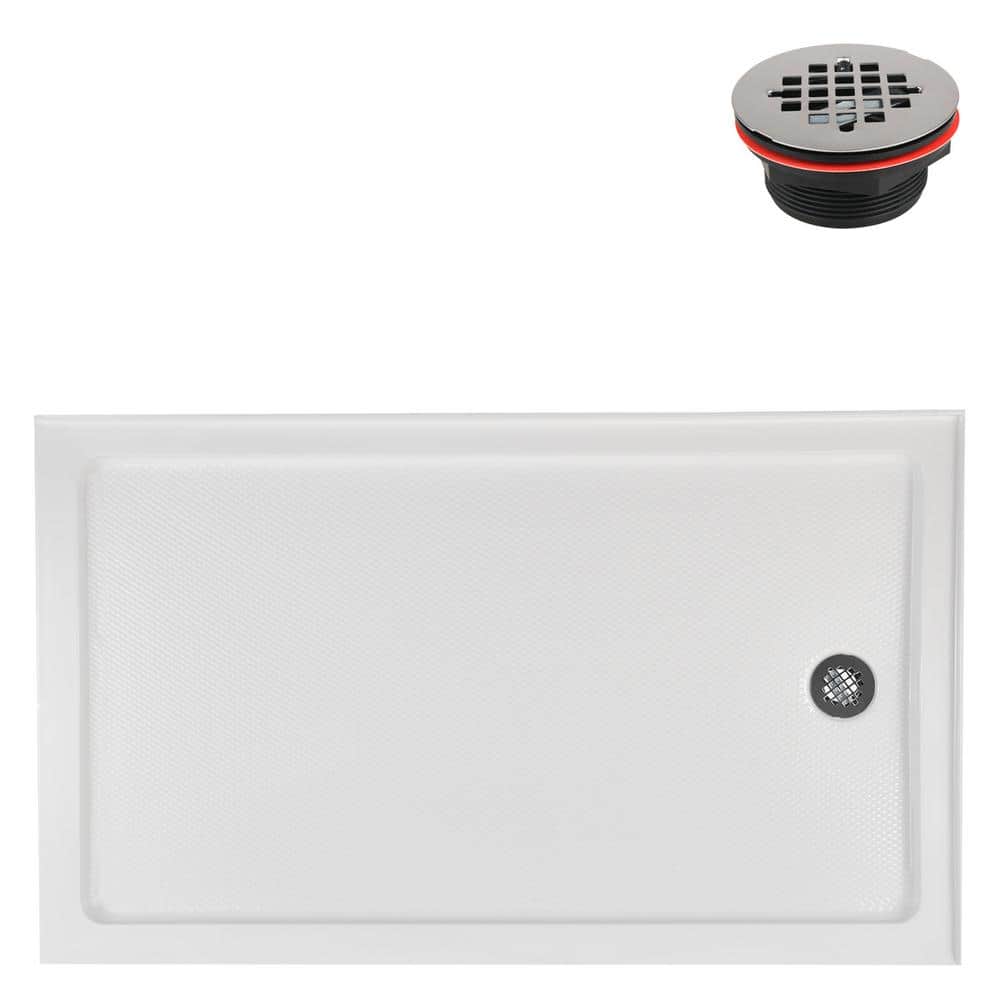 Glossy White Rectangular Acrylic Shower Base with Round Drain
