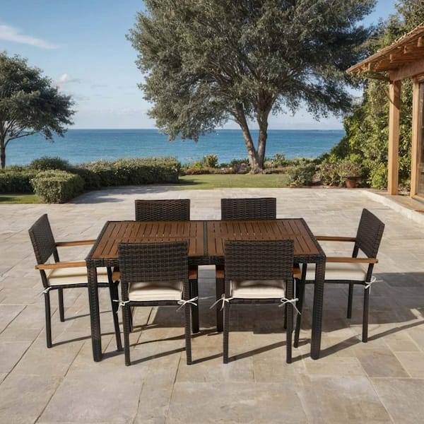 Unbranded Brown 7-Piece Wicker Outdoor Dining Set with Beige Cushion,Patio Wicker Furniture Dining Set,Patio Table and Chairs Set