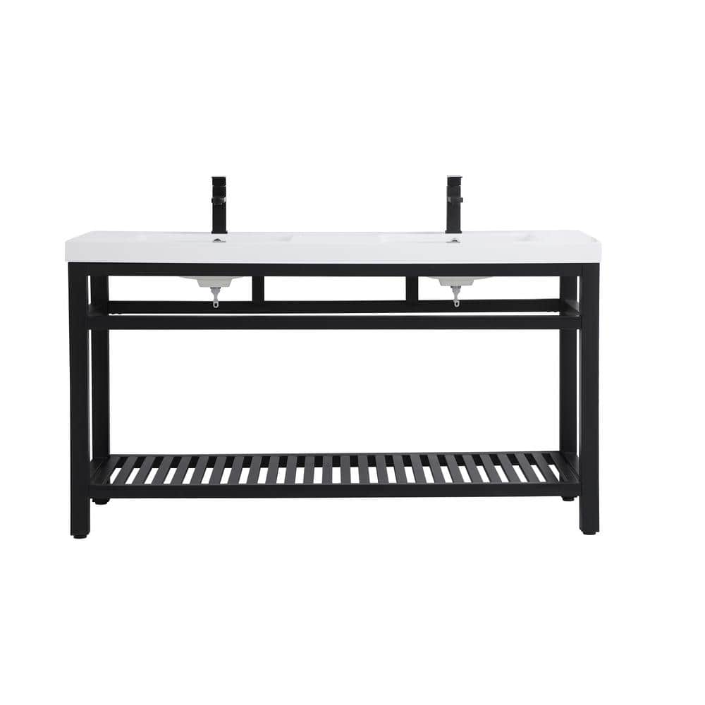 Simply Living 60 in. Double Bathroom Metal Vanity in Black with Resin Vanit