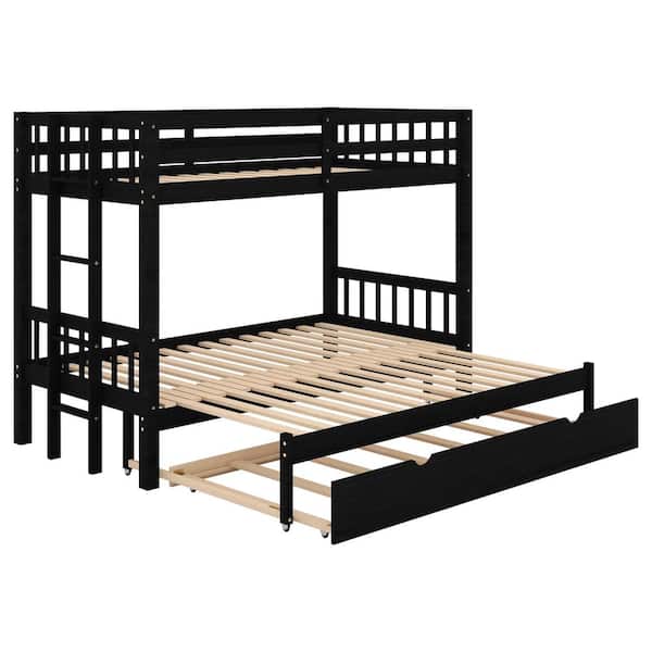 URTR Espresso Twin Over Twin/King Bunk Beds with Pull-Out Trundle, Solid Wood Trundle Bed with Safety Ladder