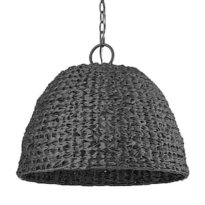 Rue 17.5 in. 3-Light Natural Black and Silken Black Wicker Dimmable Outdoor Pendant Light