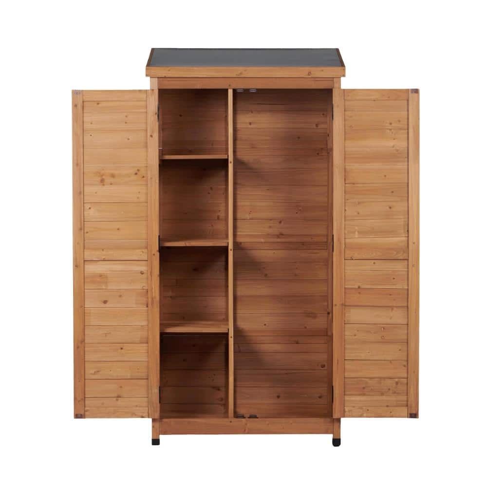 Solid Wood Outdoor Storage Shed with Metal Top Tall Vertical Tool Cabinet for Backyard Garden Patio Lawn