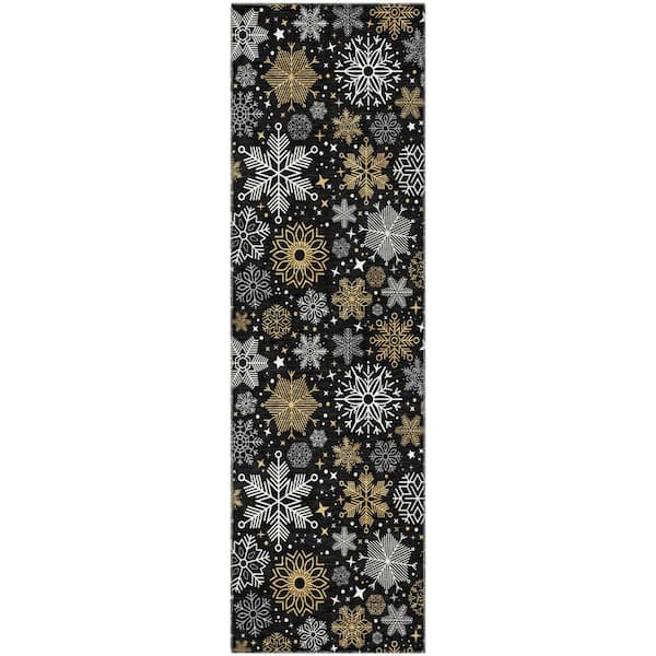 Mayfield Premium Machine Washable Abstract AMF1823 Black 2 ft. 3 in. x 7 ft. 6 in. Runner Rug