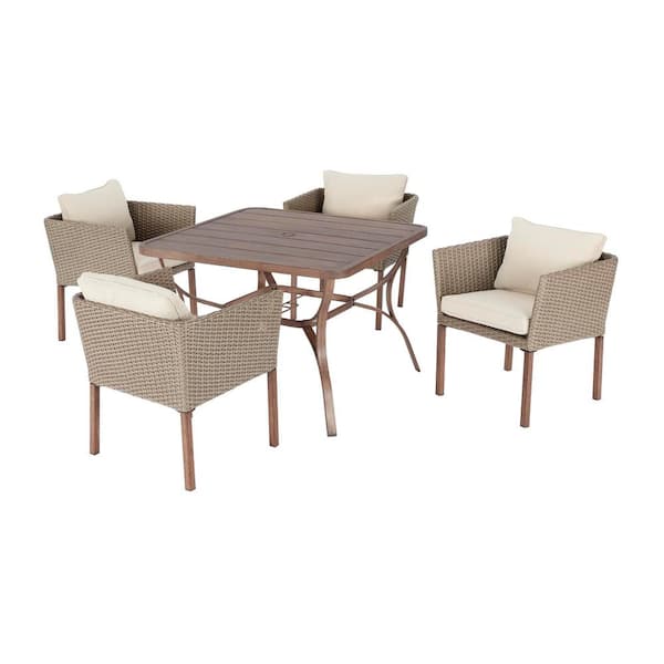 StyleWell Oakshire 5-Piece Wicker Outdoor Patio Dining Set with Tan Cushions