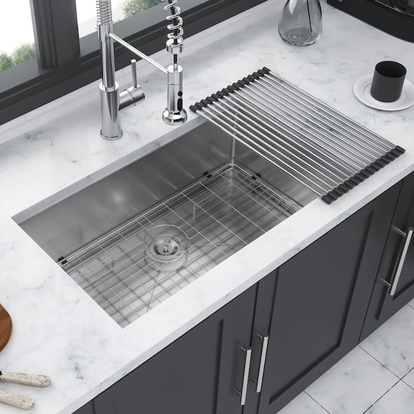 33 in. Undermount Single Bowl 16 Gauge Brushed Nickel Stainless Steel Kitchen Sink with Bottom Grids