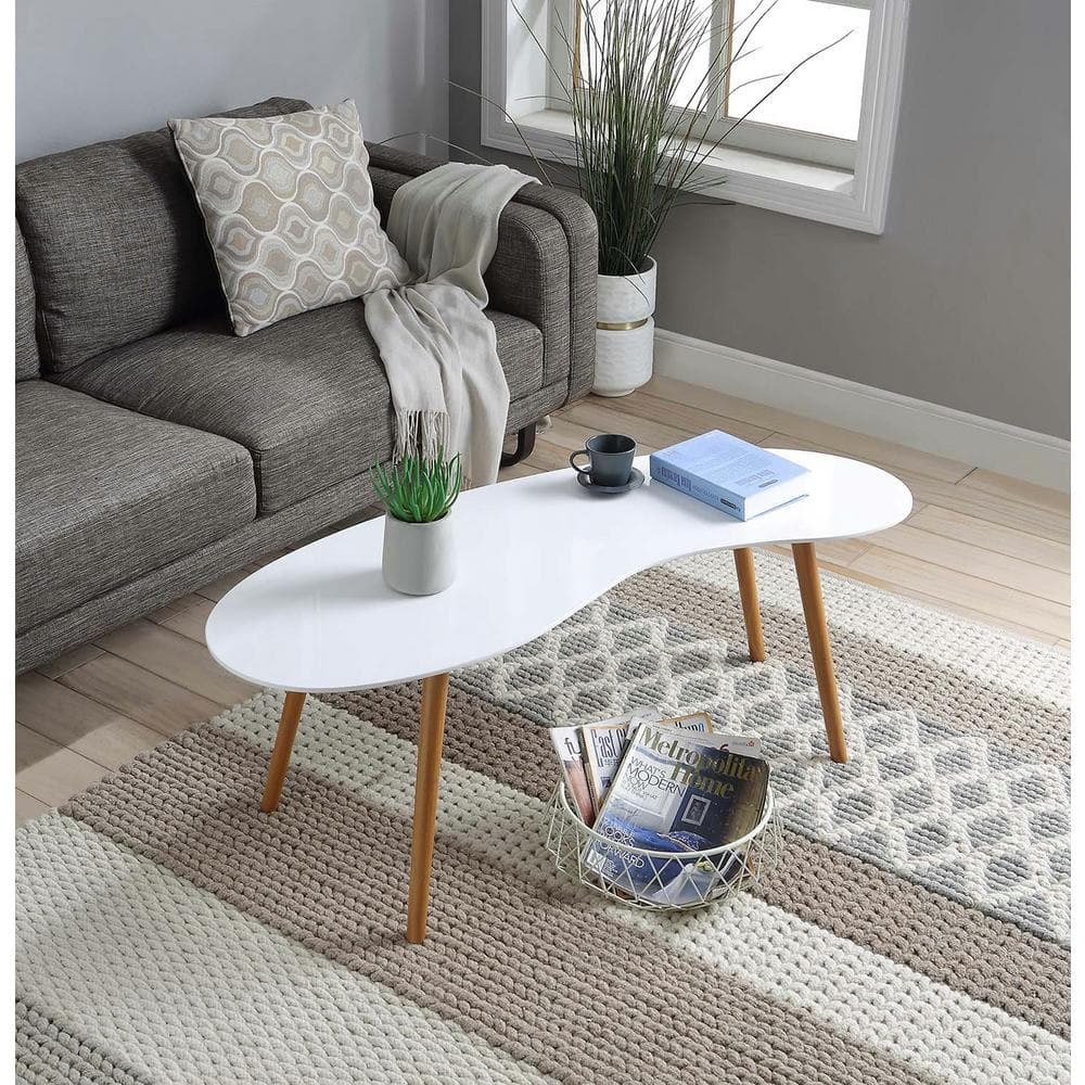 Mid-Century Modern Oslo Bean Shaped Coffee Table with Storage, White/Natural