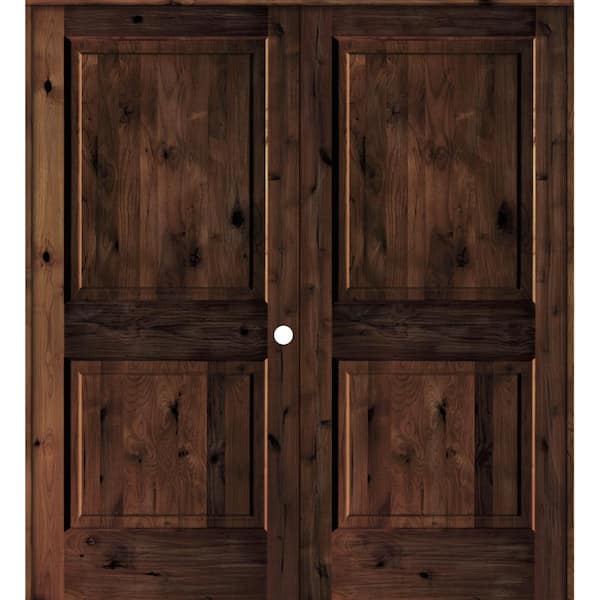 Krosswood Doors 60 in. x 80 in. Rustic Knotty Alder 2-Panel Square-Top Left-Handed Red Mahogany Stain Wood Double Prehung Interior Door