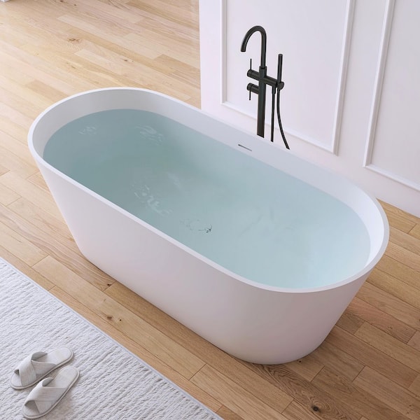 67 in. x 32 in. Stone Resin Solid Surface Matte Flatbottom Freestanding Soaking Bathtub in White