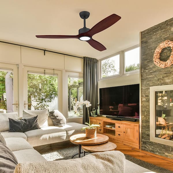 52 in. Wood Standard Indoor Outdoor Black Downrod Mount Ceiling Fans with Dimmable LED Light and Remote Control,Dimmable