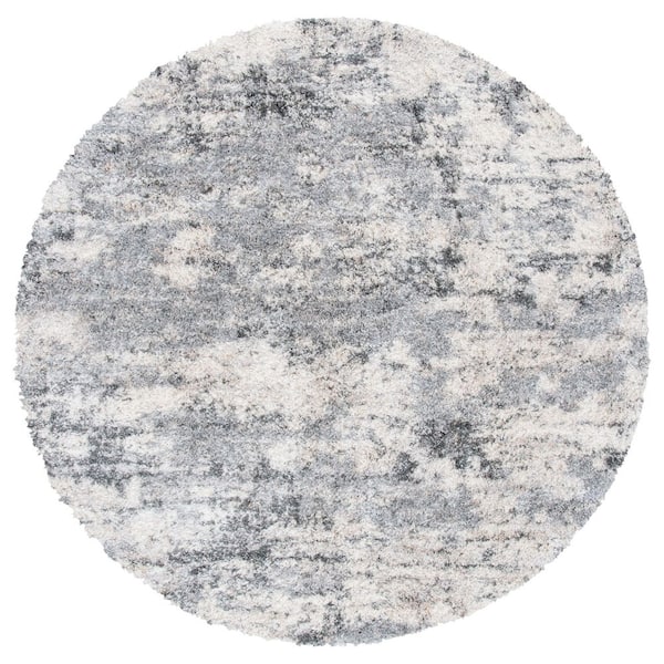 Berber Shag 9 ft. x 9 ft. Ivory/Gray Distressed Abstract Round Area Rug