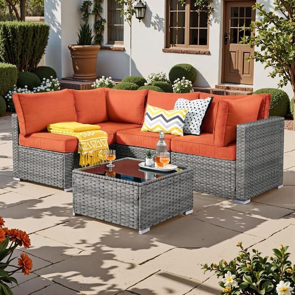 Sanibel Gray 5-Piece Wicker Patio Conversation Sofa Sectional Set with Orange Red Cushions