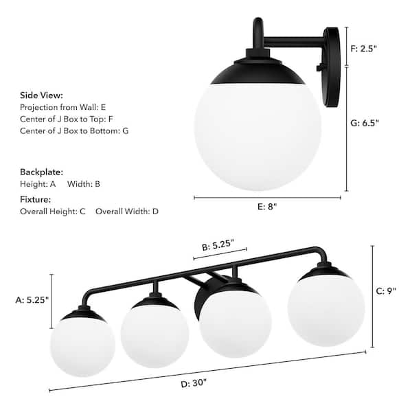 Hunter - Hepburn 30 in. 4-Light Matte Black Vanity Light with Cased White Shades
