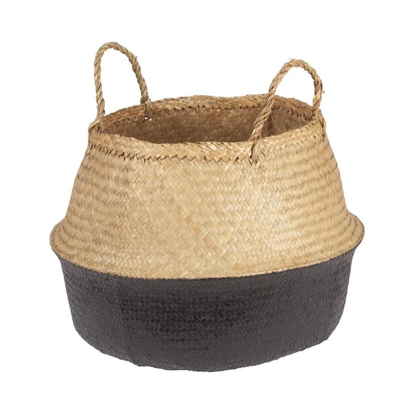 Storied Home Large Black and Beige Seagrass Folding Basket with Handles