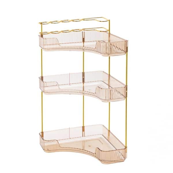 3-Tier Makeup Organizer with Brush Holder for Corner Bathroom Organizer, Countertop Vanity, Bathroom Dresser, Gold