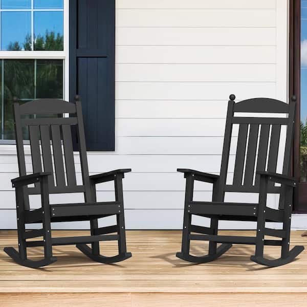LUE BONA Oscar Classic Black Recycled Plastic Ply Weather-Resistant Adirondack Porch Rocker Patio Outdoor Rocking Chair (2-Pack)