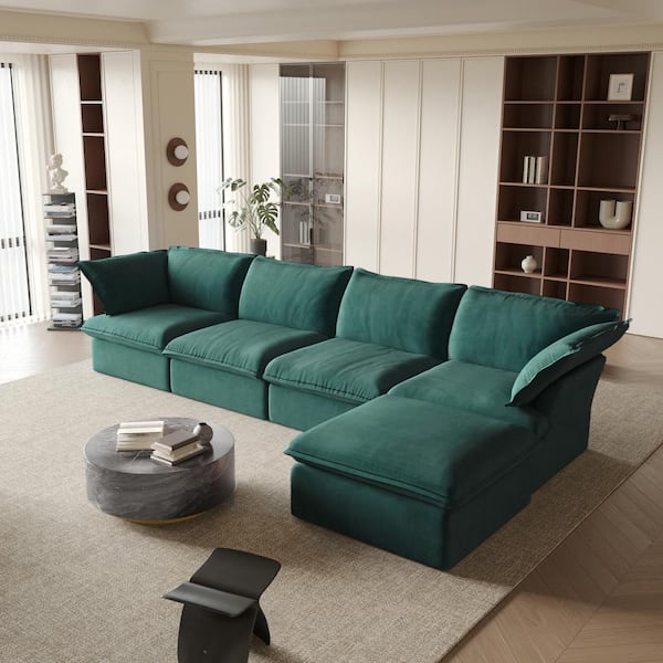 J&E Home 122.81 in. Flared Arm 5-Piece Linen Modular Down-Filled Free Combination Sectional Sofa with Ottoman in Green