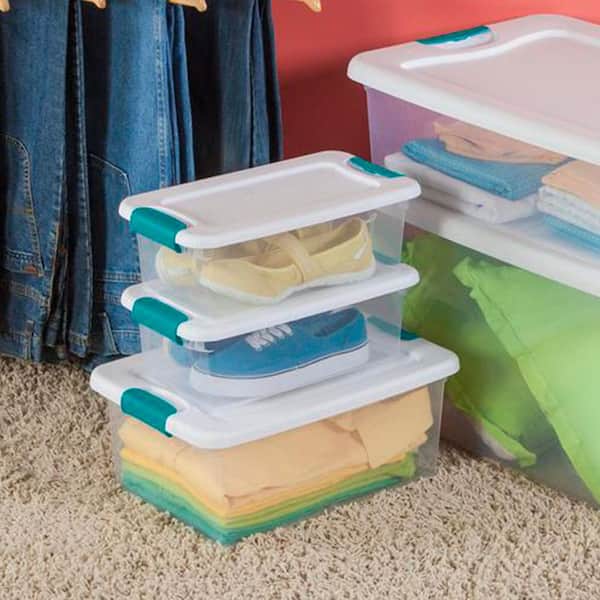 Sterilite Convenient Small Home 2-Tiered Layer Stack Carry Storage Box with  Colored Accent Secure Latching Lid, Clear (4 Pack)