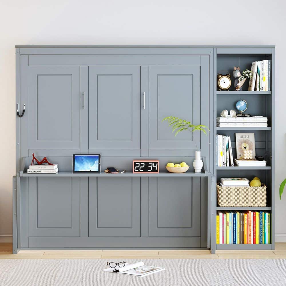 White Wood Frame Queen Size Murphy Bed Wall Bed with Integrated Desk and Storage Shelves