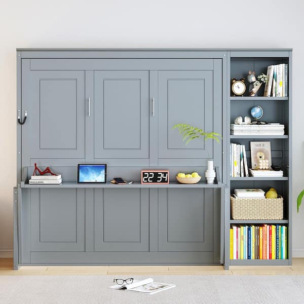 Gray Wood Frame Queen Size Murphy Bed Wall Bed with Integrated Desk and Storage Shelves