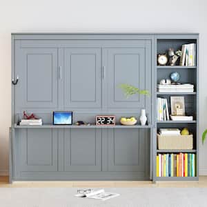 Gray Wood Frame Queen Size Murphy Bed Wall Bed with Integrated Desk and Storage Shelves