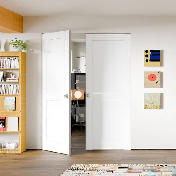 60 in. x 80 in. MDF, Composite, Pre-assembled, Primed, White, 2-Panel Interior Door Slab with Silver Sphere Doorknob