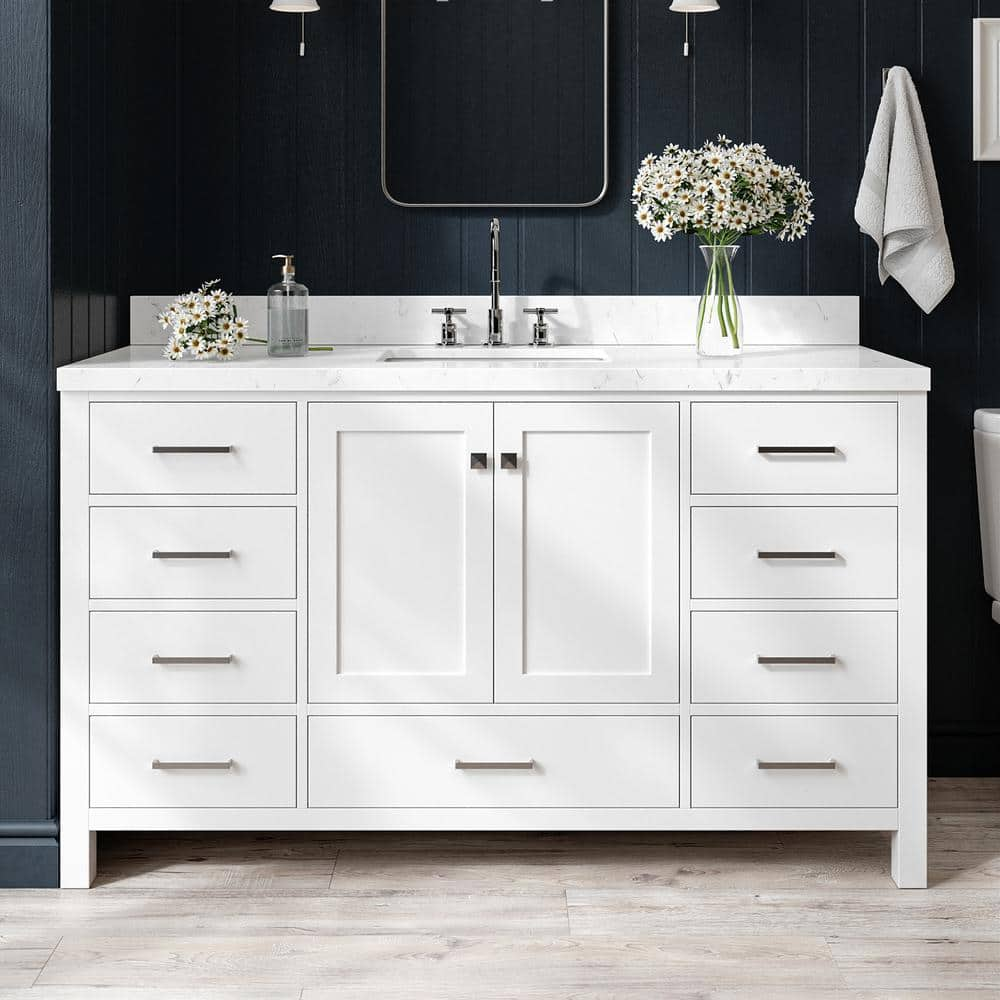 Cambridge 60.25 in. W x 22 in. D x 36 in. H Single Sink Freestanding Bath Vanity in White with Carrara Quartz Top -  ARIEL, A060SCQRVOWHT