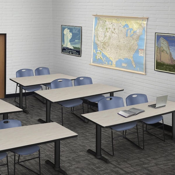 Cain 72 in x 24 in. Maple T-Base Training Seminar Table Desk and 2 Zeng Stack Chairs-Blue