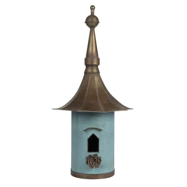 Aqua and Black Iron Freestanding Birdhouse with Flower Perch