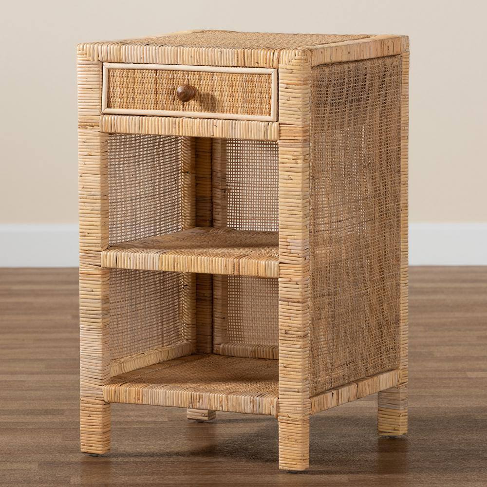 Bella Brown Mahogany and Natural Rattan 2-Drawer Night Table
