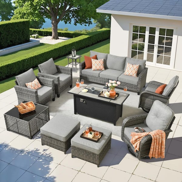 Scarlet 10-Piece Wicker Outdoor Fire Pit Patio Conversation Sofa Set with Swivel Chairs, a Table and Dark Grey Cushions