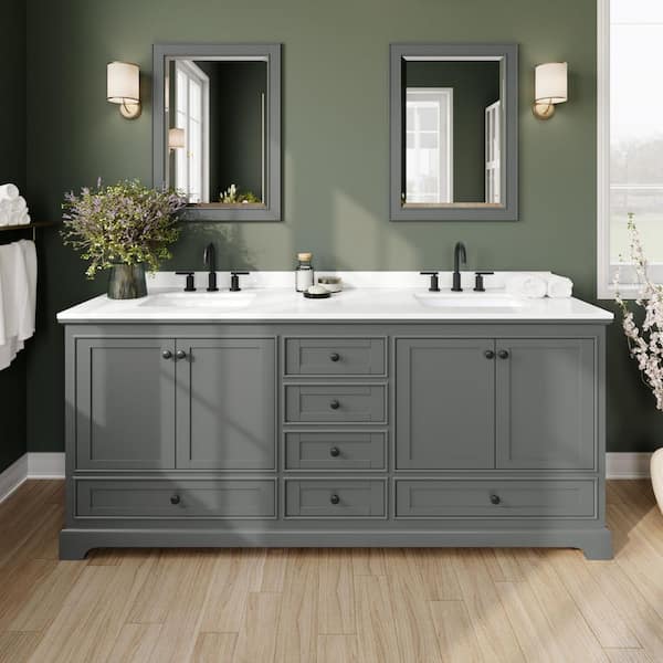 Wyndham Collection Deborah 80 in. W x 22 in. D x 35 in. H Double Bath Vanity in Dark Gray with White Quartz Top and 70 in. Mirror