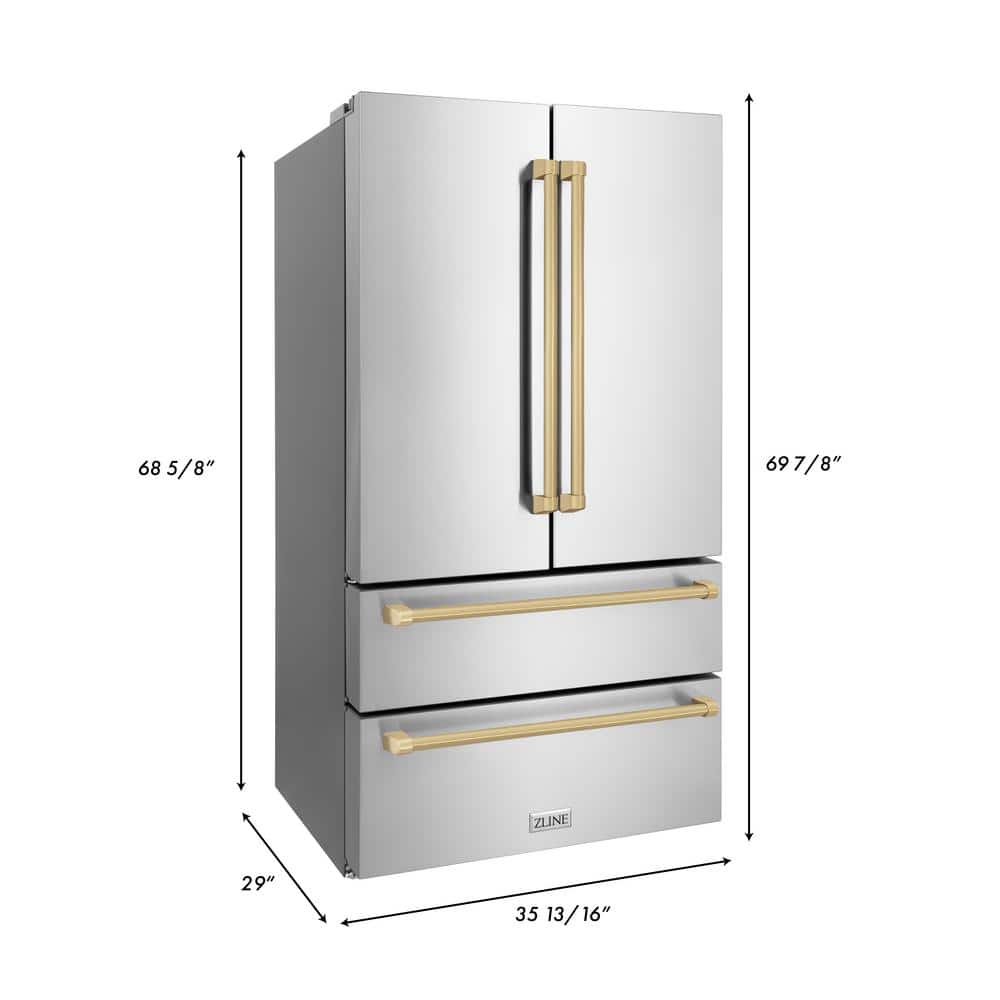 ZLINE 36" Stainless Steel French Door Refrigerator with Champagne Bronze Handles