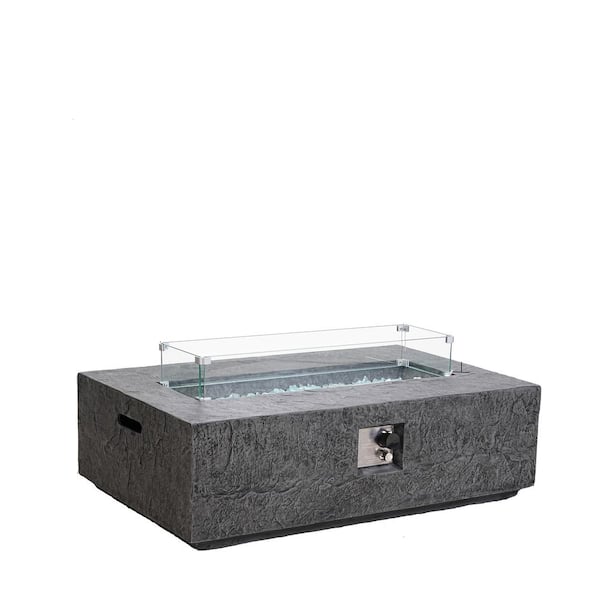 Unbranded Gray Rectangular Outdoor Fire Pit Table, Propane Gas Fire Pit Table 50,000 BTU Modern Fire Pit, with Glass Wind Guard