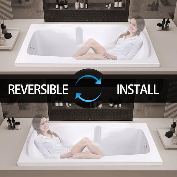 Dor 60 in. x 36 in. Rectangular Acrylic Soaking Drop-In Bathtub w/ Reversible Drain Hole and Integrated Armrest in White