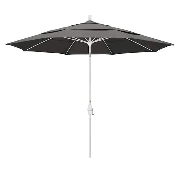 California Umbrella 11 ft. Matted White Aluminum Market Patio Umbrella with Collar Tilt Crank Lift in Charcoal Sunbrella