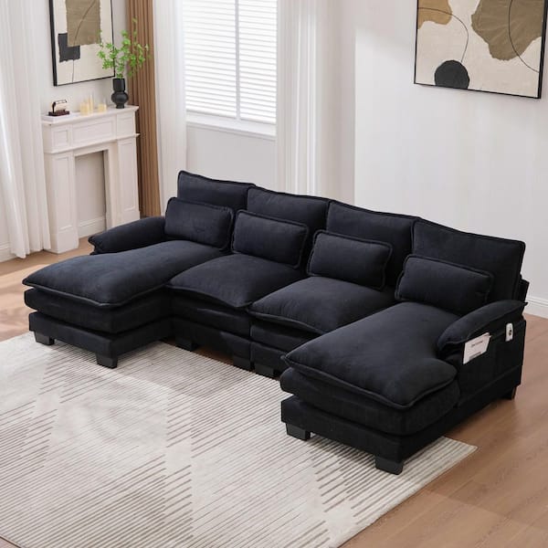 108 in. Modern Chenille 4-Piece U-Shaped Sectional Sofa With Double Chaise And Pillow Back in Black