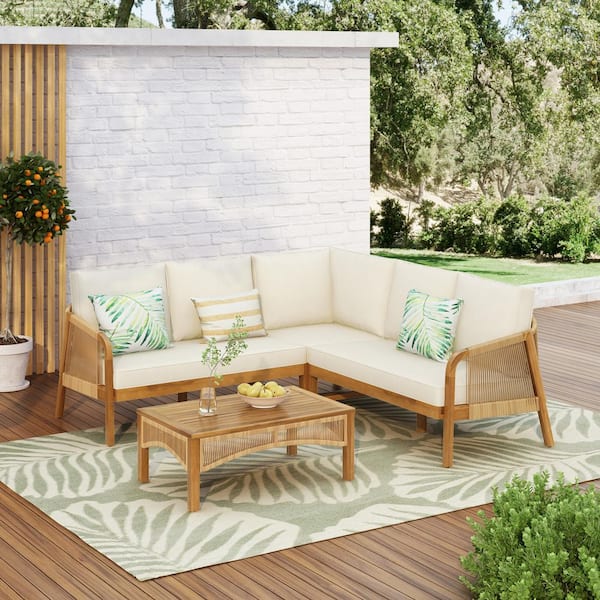 Eleanor Teak 4-Piece Faux Rattan L-Shaped Outdoor Wood Patio Conversation Sectional Seating Set with Beige Cushions