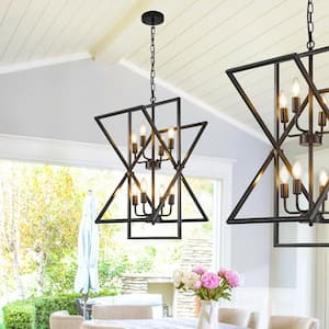 6-Light Sputnik Chandelier with Clear Glass Modern Pendant Geometric Light Rod Hanging Ceiling Lighting, Black and Gold