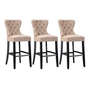Harper 29 in. Taupe Velvet Tufted Wingback Kitchen Counter Bar Stool with Black Solid Wood Frame (Set of 3)