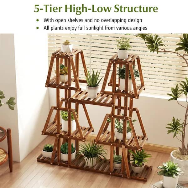 Cubilan Brown 5-Tier 10 Potted Wood Plant Stand for Multiple