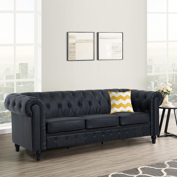 HOMESTOCK 88.58 in. W Round Arm Faux Leather Rectangle Chesterfield Sofa, Tufted 3-Seat Cushions Couch in. Black
