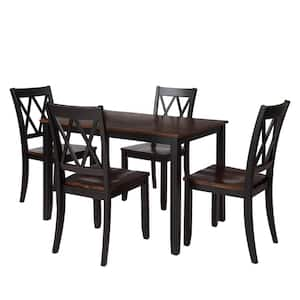 Benjara 5-Piece Brown and Black Wooden and Leather Dining Set BM167131