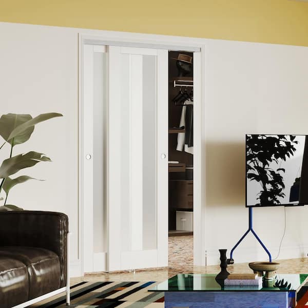 36 in. x 80 in. 1-Lite Frosted Glass White Primed, DIY Painted MDF Bypass Sliding Door with Aluminium Hardware Kits