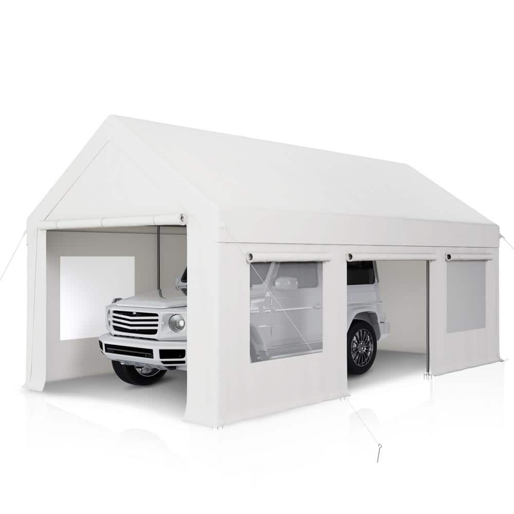 VIWAT 10 ft. x 20 ft. Heavy-Duty Carport Canopy with Enhanced Base and Side-Opening Door, Portable Garage for Pickup, White