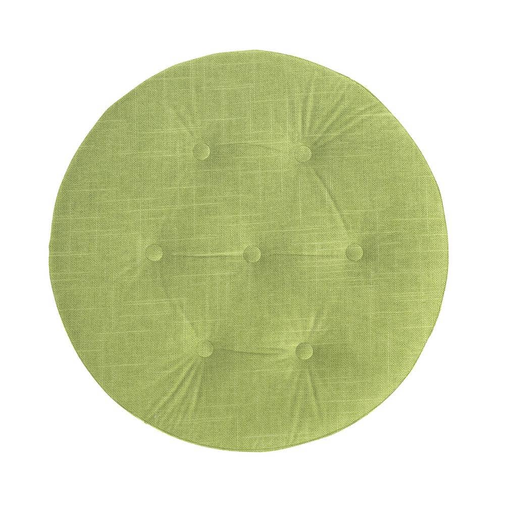 Bright Chartreuse Linen Cotton Blend Round Tufted Ottoman with Ivory Trim