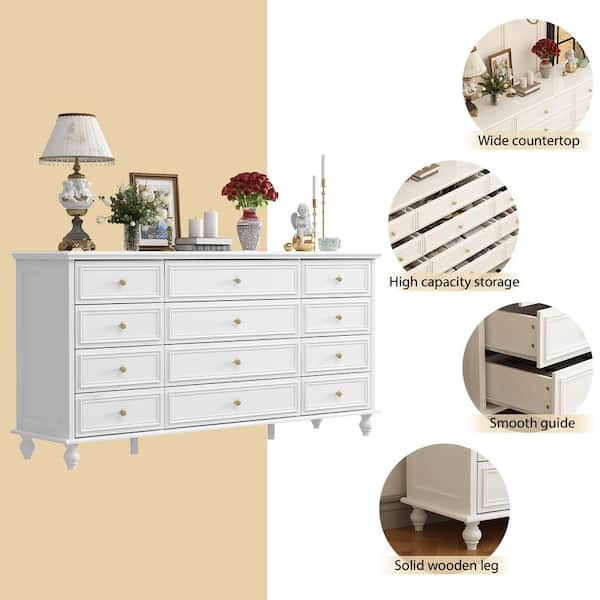 FUFU&GAGA White Wooden 12-Drawer Chest of Drawers 63 in. W x 31.5 