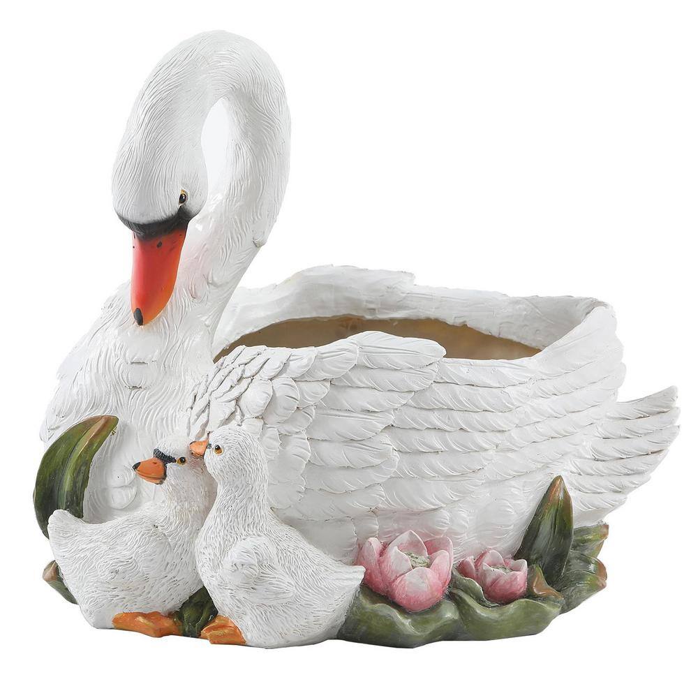 White Resin Swan Family Planter with Multicolor Accents