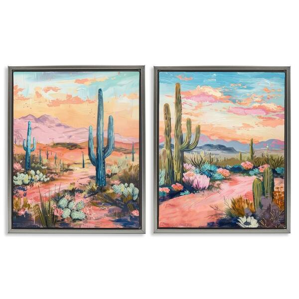 Cactus Paths and Sunset by LSR Design Studio 2-Pieces Gray Floater Frame Nature Graphic Art Print 21 in. x 17 in.